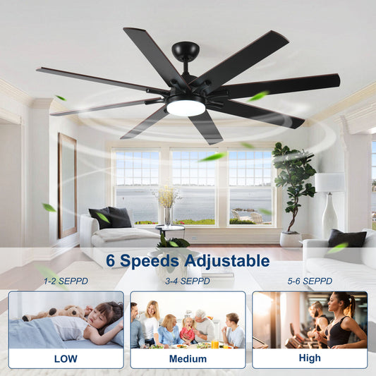 72 inch Large Ceiling Fans with Lights and Remote, Indoor/Outdoor Black Modern Ceiling Fan for Kitchen Living Room Patio, 6 Speed Reversible Quiet DC Motor, Dual Finish 8 Blades