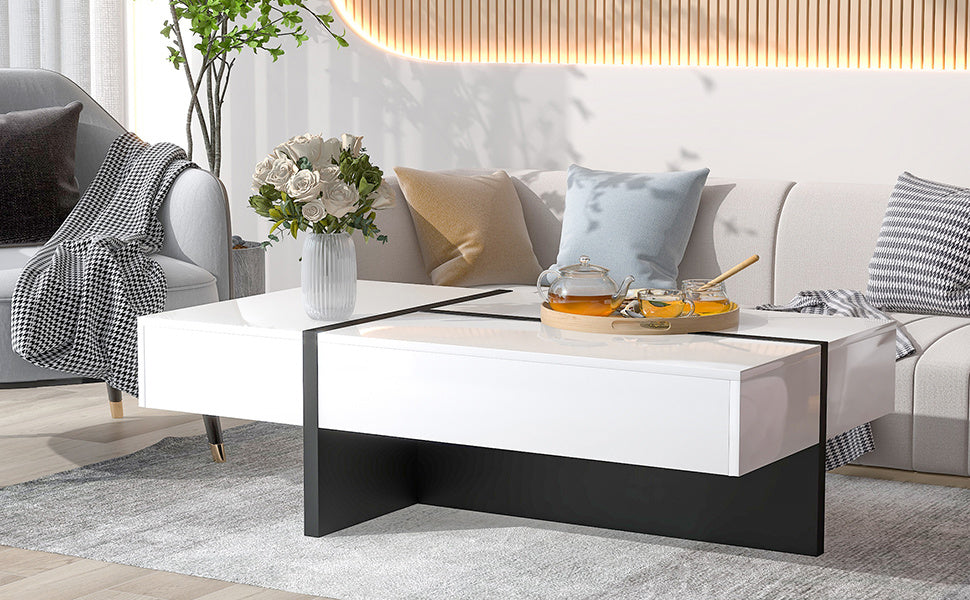 Contemporary Rectangle Design Living Room Furniture, Modern High Gloss Surface Cocktail Table, Center Table for Sofa or Upholstered Chairs, 45.2*25.5*13.7in