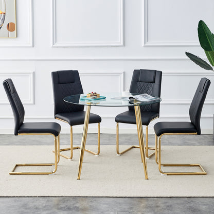 Table and chair set. Round dining table, glass tabletop with a diameter of 40 inches, and gold-plated metal legs, paired with 4 black PU cushions and a dining chair with gold-plated metal feet.