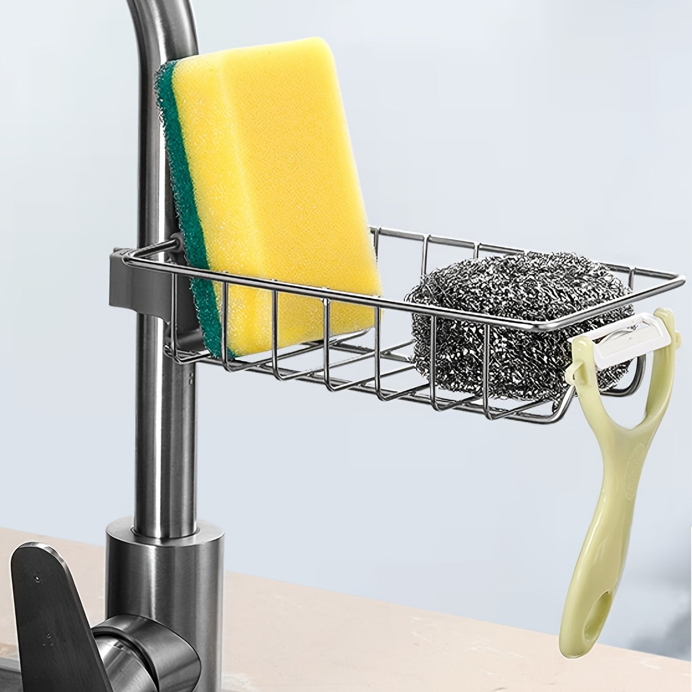 1pc Sink Storage Rack; Kitchen Stainless Steel Sink Shelving For Putting Sponges; Scrubbers; Towel