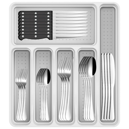 49-Piece Silverware Set with Flatware Drawer Organizer, Durable Stainless Steel Cutlery Set for 8, Mirror Polished Kitchen Utensils Tableware Service with Steak Knives Dinner Fork Knife Spoon & Tray