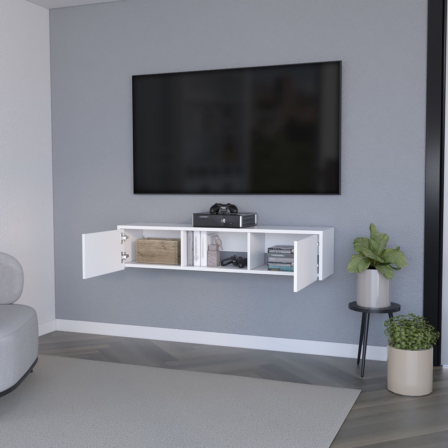 Tabor Floating TV Stand, Wall Unit with 2 Doors and Open Shelf