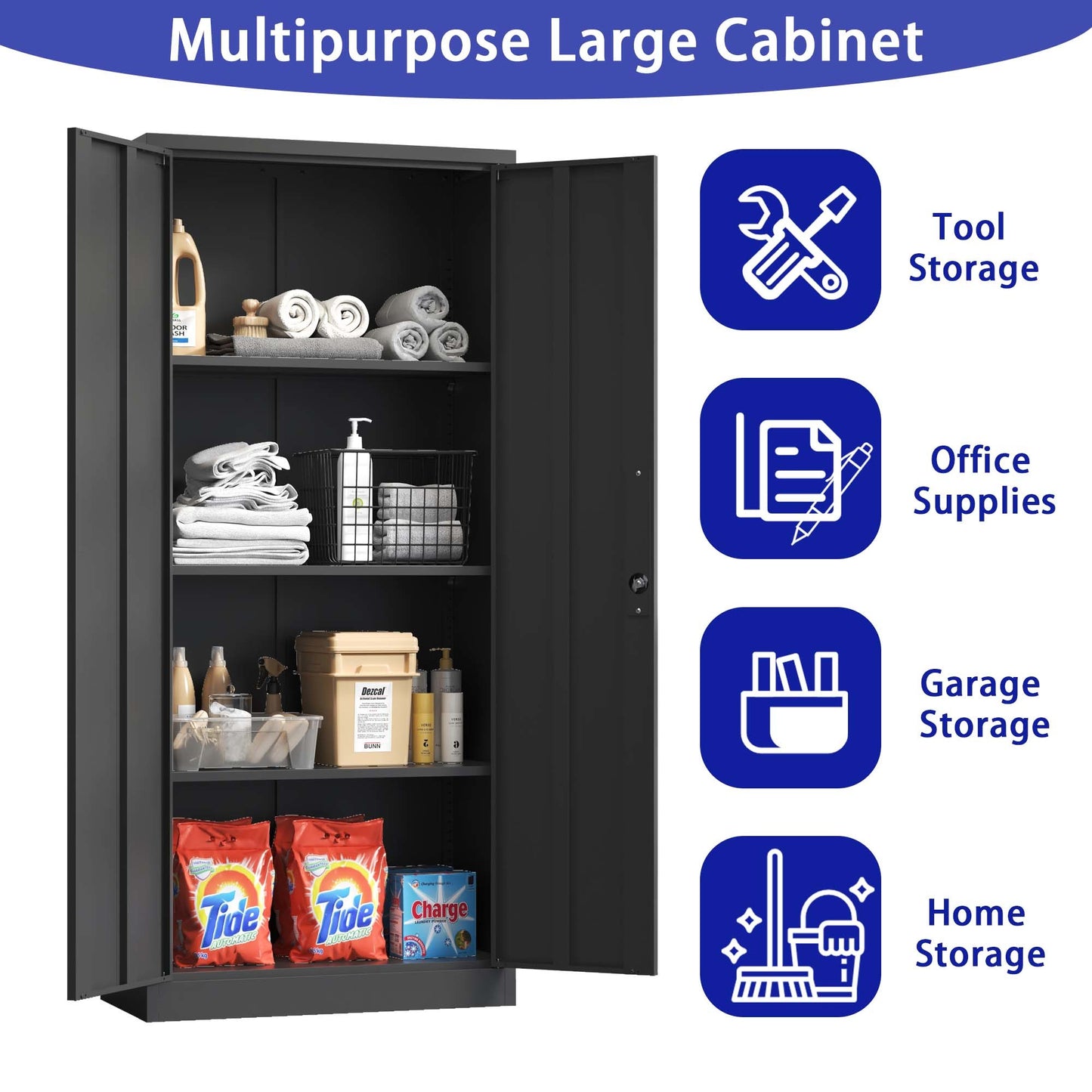 71"H Metal Garage Storage Cabinet, Black Tool Steel Locking Cabinet with Doors and 3 Shelves, Tall Cabinets for Garage Storage Systems Lockable File Cabinet for Home Office, Classroom/Pantry