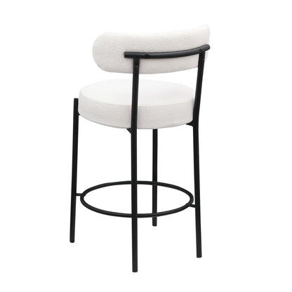 Woker Furniture Modern Counter Height Stools Set of 2, Uphsoltered 26" Seat Height Barstools with Black Metal Legs Round Low Back Kitchen Stools with Footrest for Dining Room, White