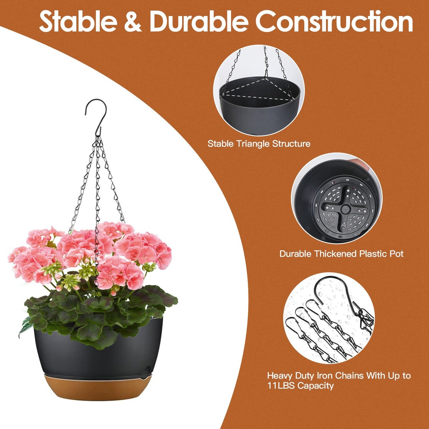 Hanging Planter with Drainage Holes Removable Self-Watering Tray Plastic Hanging