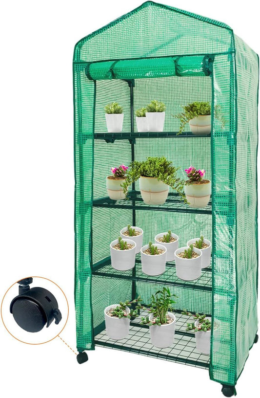 Mini Greenhouse,4 Tier Small Portable Greenhouses Kit with Caster Wheels and Roll-up Zipper PE Cover,Green House for Indoor Outdoor Seedling and Plant Growing (70x50x165cm),Green