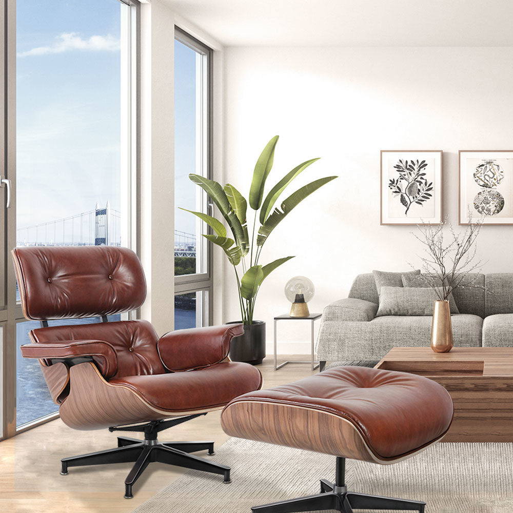 Living Room Standard Size Lounge Chair Armchair With Ottoman Genuine Leather Swivel Chair