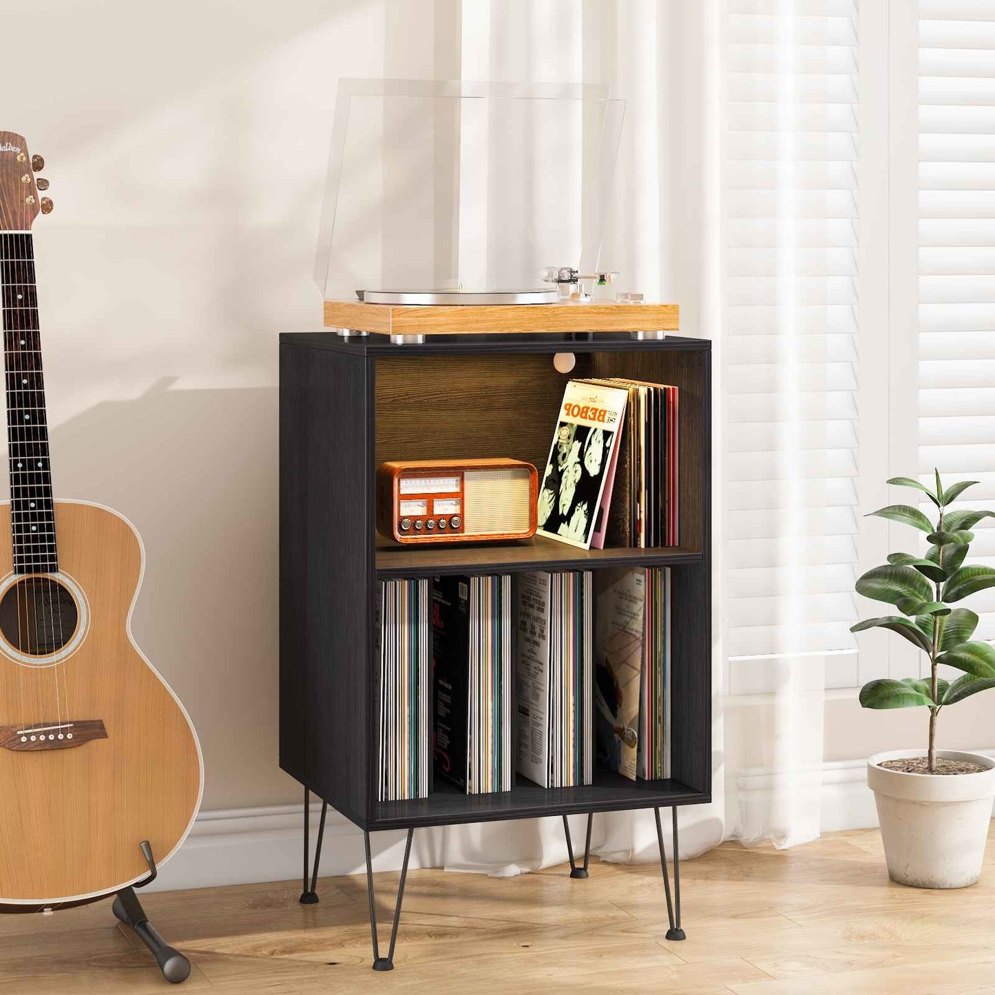 CD Rack Record Player Stand with LED Lights Record Storage Stand LED with Metal Hairpin Legs Record Table Player for Living Room