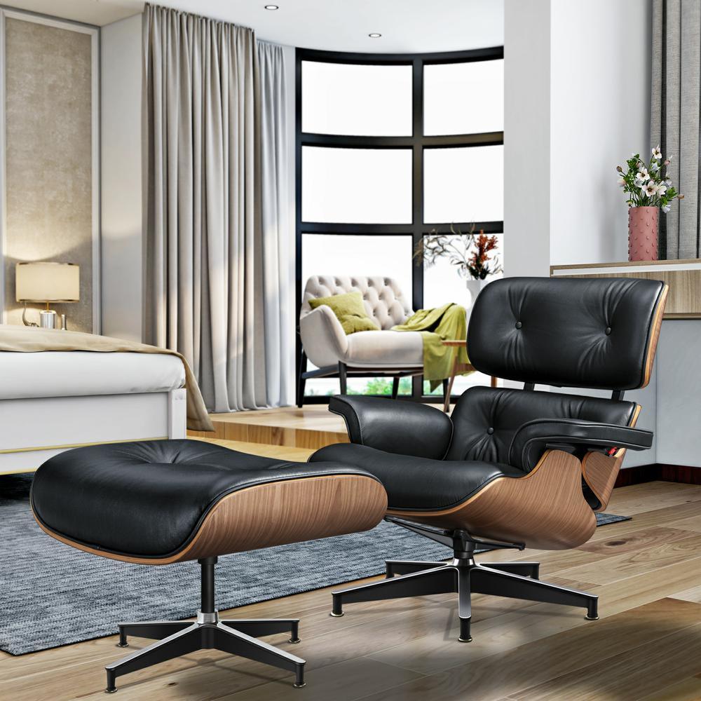 Living Room Standard Size Lounge Chair Armchair With Ottoman Genuine Leather Swivel Chair