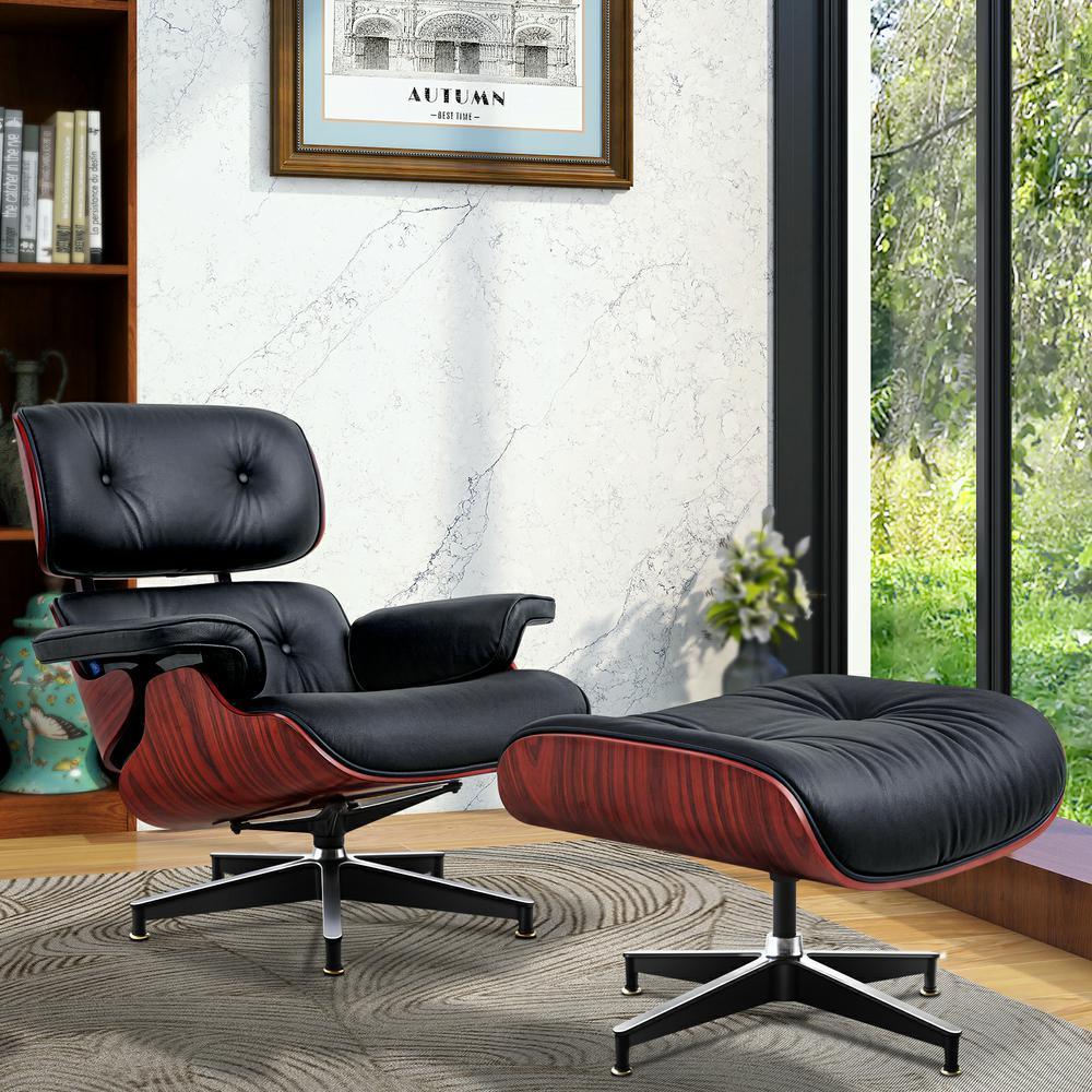 Living Room Standard Size Lounge Chair Armchair With Ottoman Genuine Leather Swivel Chair