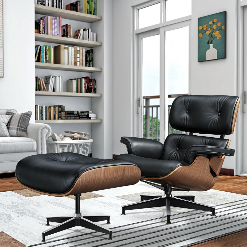 Living Room Standard Size Lounge Chair Armchair With Ottoman Genuine Leather Swivel Chair