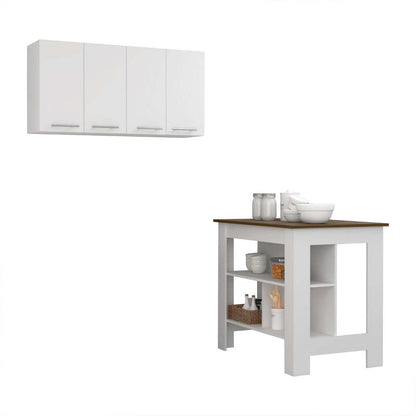 Caledon 2 Piece Kitchen Set, Kitchen Island + Upper Wall Cabinet , White /Walnut