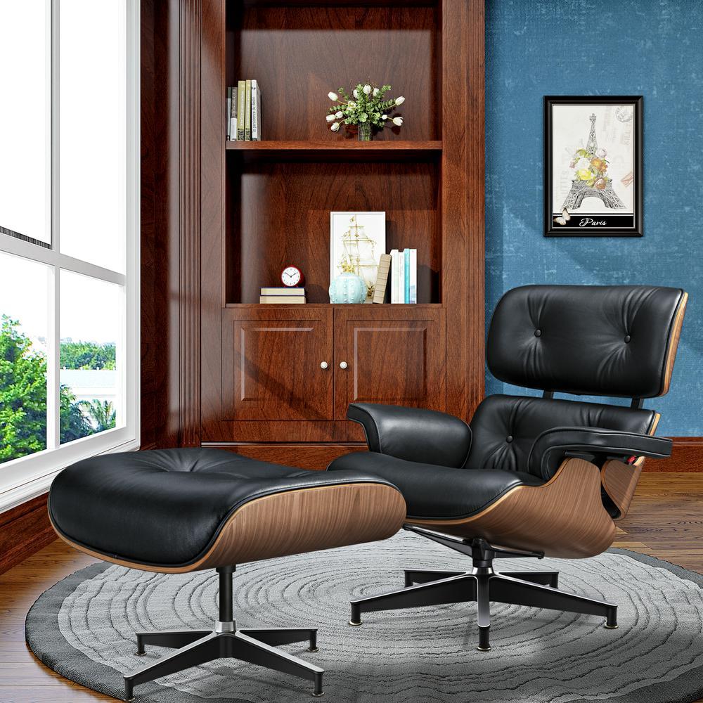 Living Room Standard Size Lounge Chair Armchair With Ottoman Genuine Leather Swivel Chair