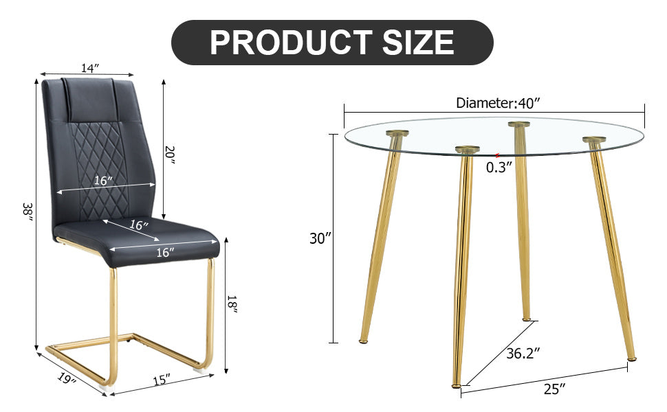 Table and chair set. Round dining table, glass tabletop with a diameter of 40 inches, and gold-plated metal legs, paired with 4 black PU cushions and a dining chair with gold-plated metal feet.