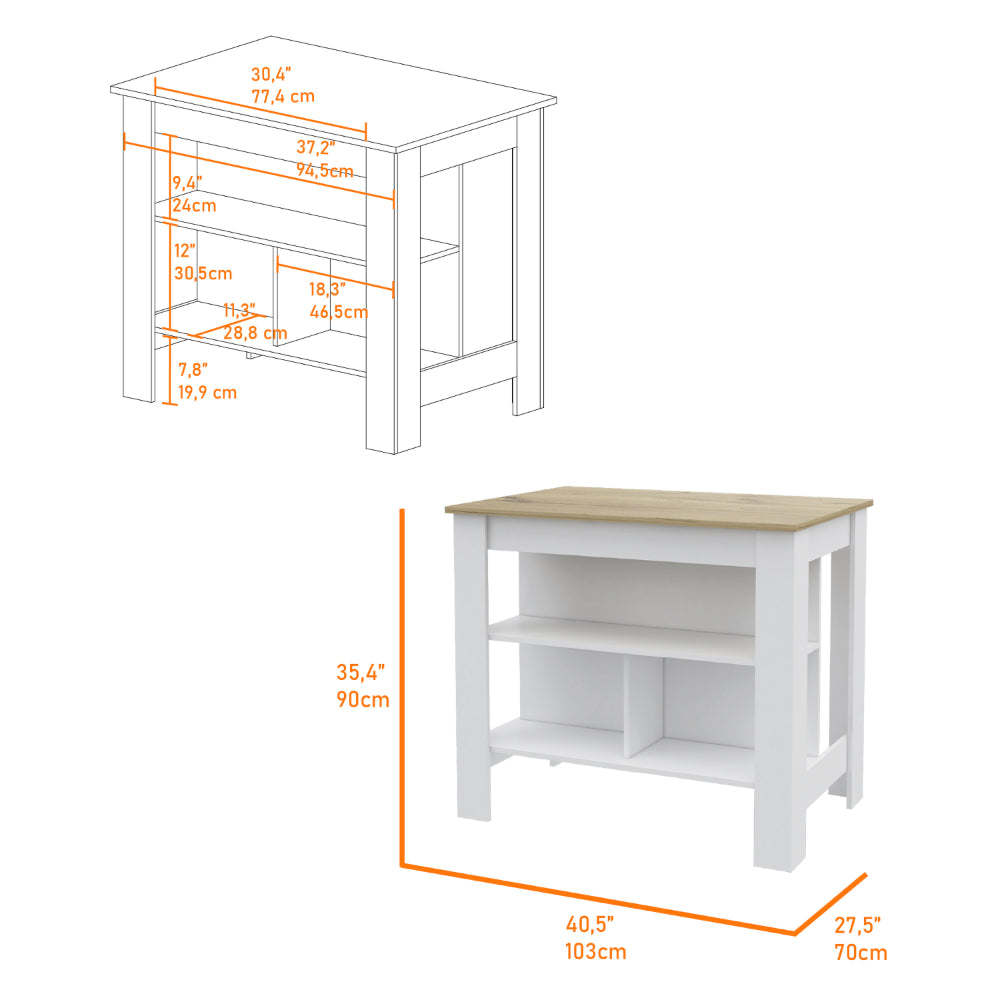 Caledon 2 Piece Kitchen Set, Kitchen Island + Upper Wall Cabinet , White /Walnut