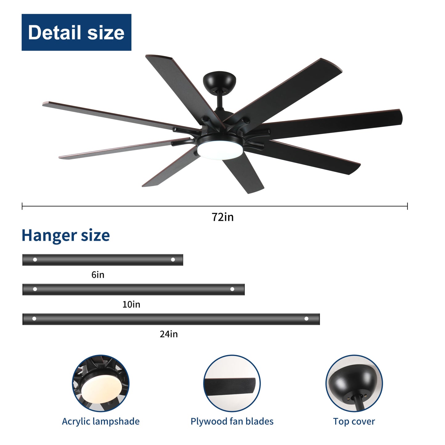 72 inch Large Ceiling Fans with Lights and Remote, Indoor/Outdoor Black Modern Ceiling Fan for Kitchen Living Room Patio, 6 Speed Reversible Quiet DC Motor, Dual Finish 8 Blades