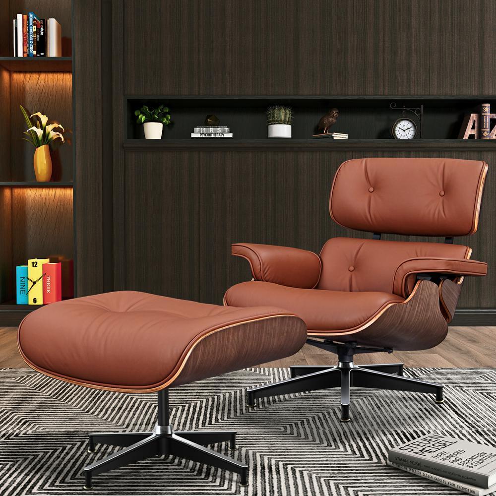 Living Room Standard Size Lounge Chair Armchair With Ottoman Genuine Leather Swivel Chair