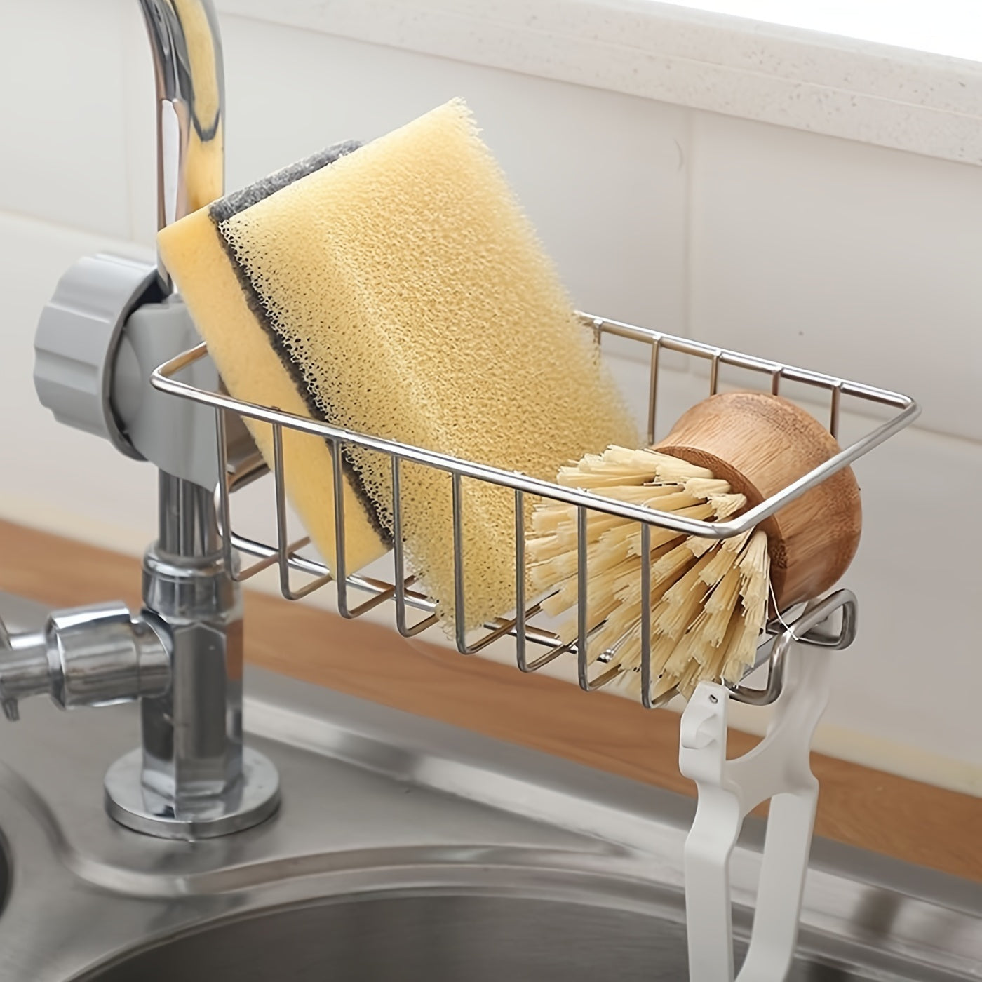 1pc Sink Storage Rack; Kitchen Stainless Steel Sink Shelving For Putting Sponges; Scrubbers; Towel