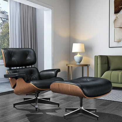 Living Room Standard Size Lounge Chair Armchair With Ottoman Genuine Leather Swivel Chair