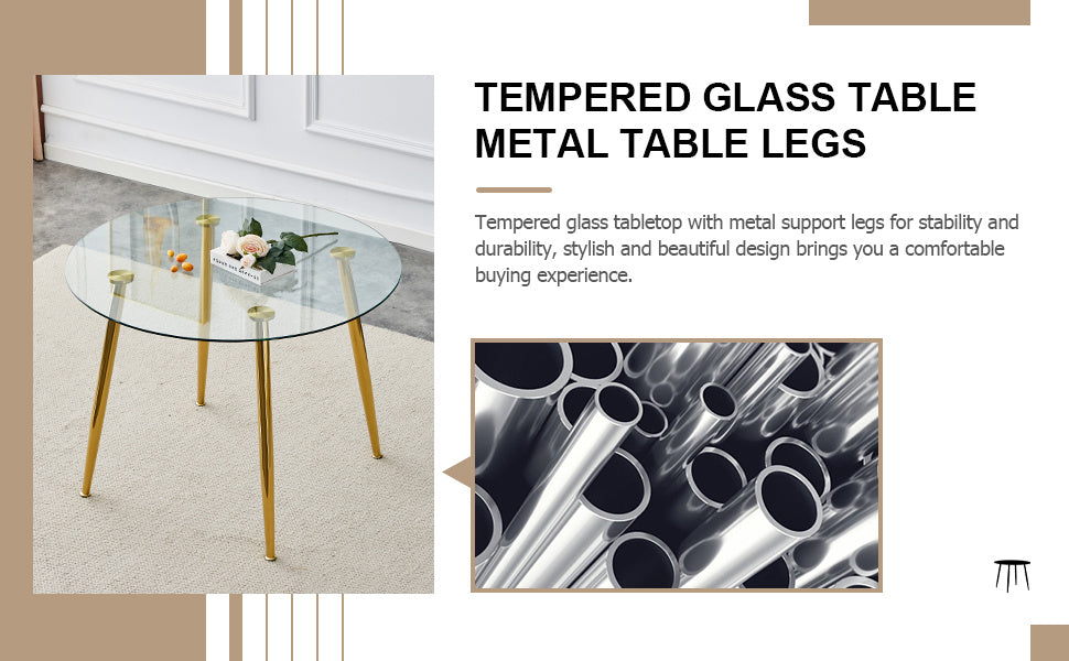 Table and chair set. Round dining table, glass tabletop with a diameter of 40 inches, and gold-plated metal legs, paired with 4 black PU cushions and a dining chair with gold-plated metal feet.