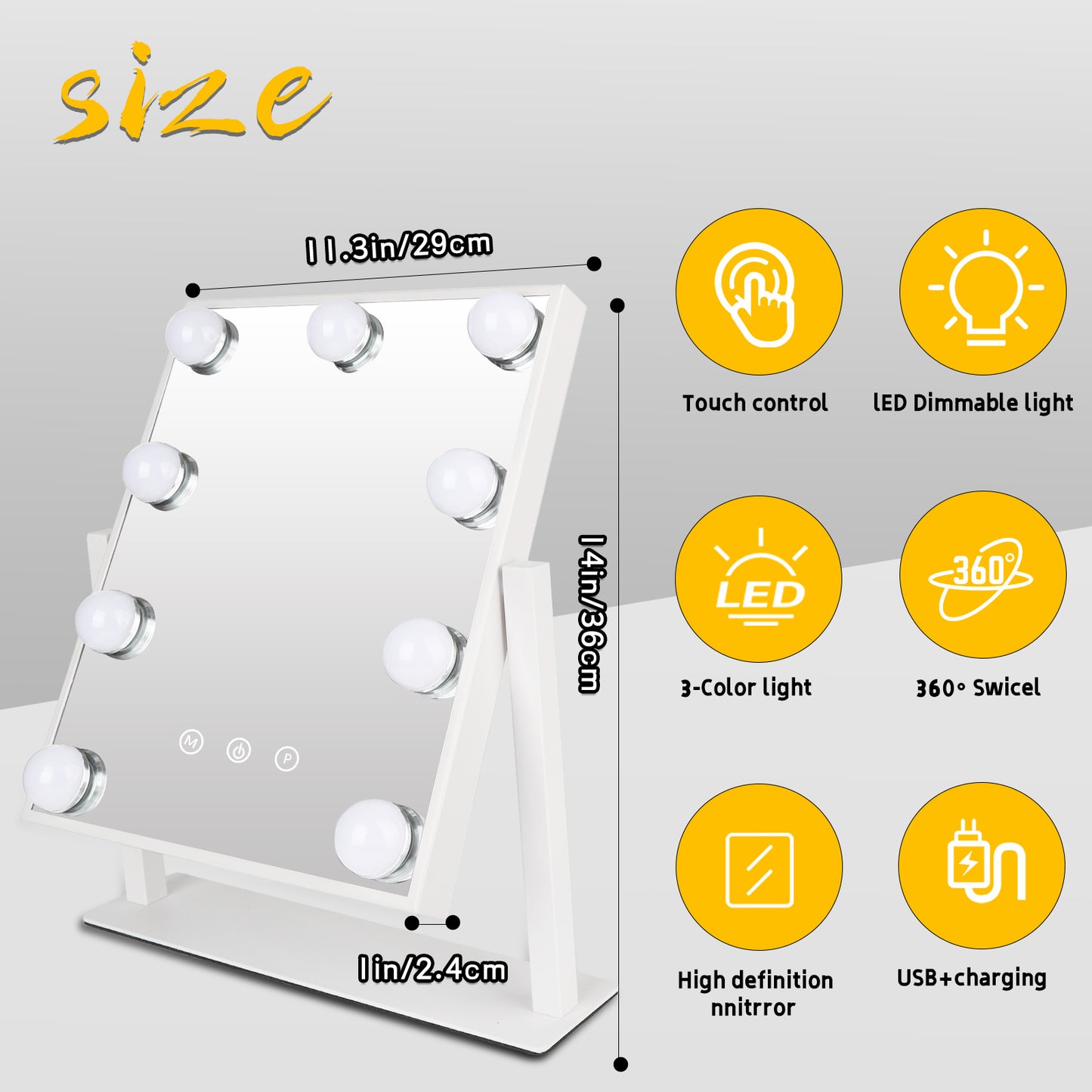 Hollywood Makeup Mirror with Lights, Lighted Vanity Mirror with 9 Dimmable Bulbs and 3 Color Lighting Modes, Smart Touch Control, Plug in Light Up Mirror