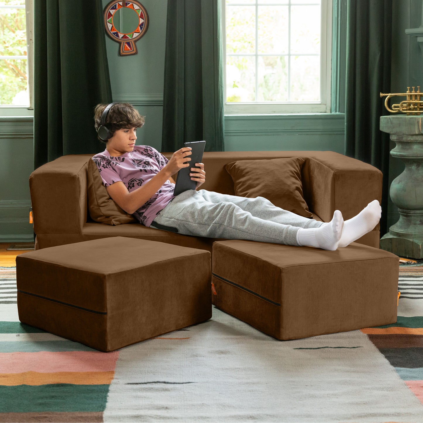 Jaxx Zipline Convertible Sleeper Loveseat & Ottomans, Textured Microvelvet - Toffee