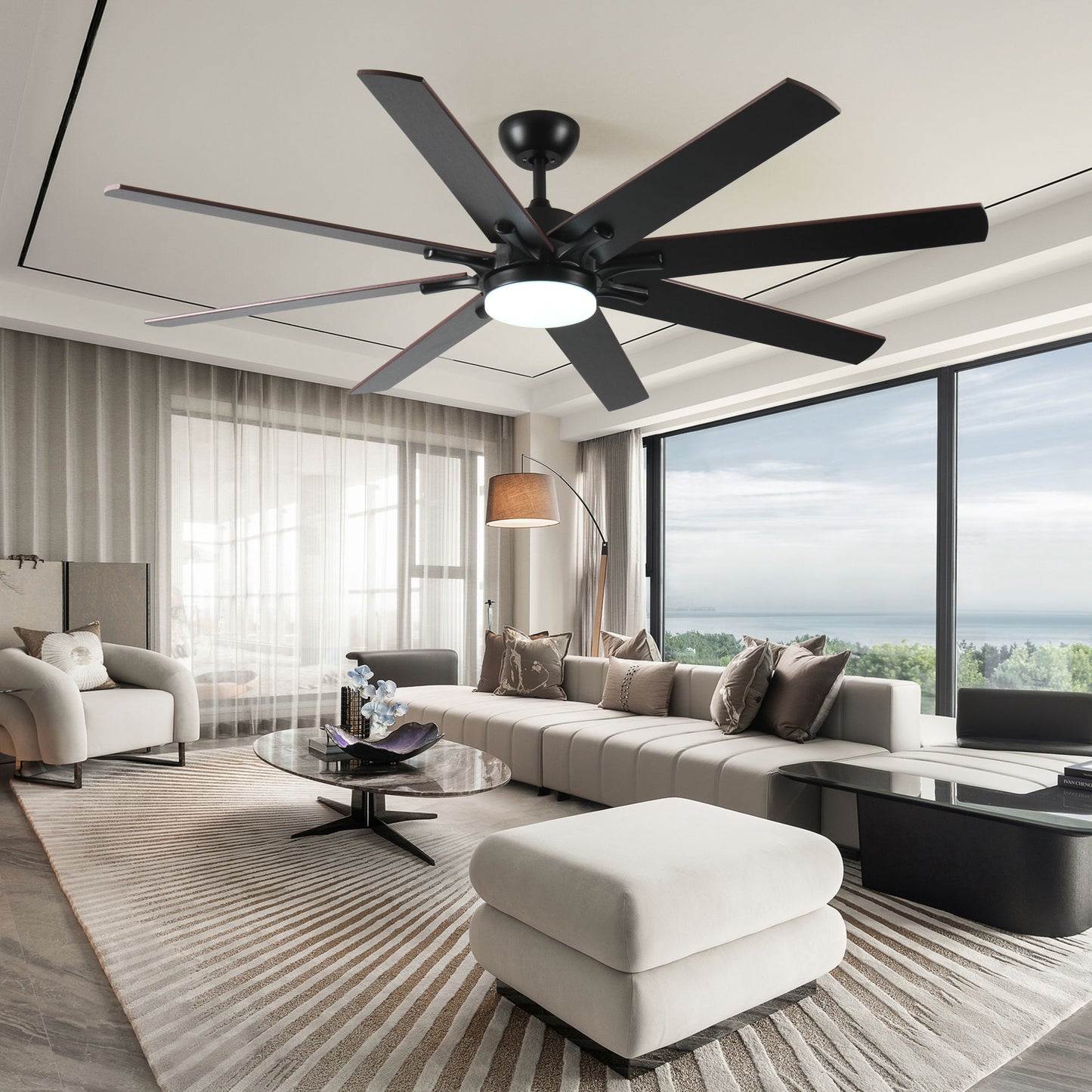 72 inch Large Ceiling Fans with Lights and Remote, Indoor/Outdoor Black Modern Ceiling Fan for Kitchen Living Room Patio, 6 Speed Reversible Quiet DC Motor, Dual Finish 8 Blades