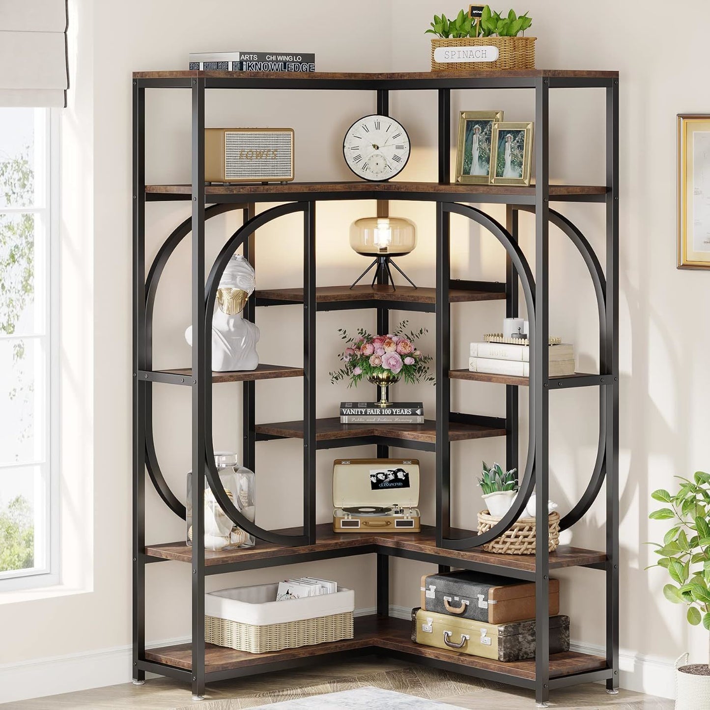 Corner Bookshelf of 7-Shelf, Tall L-shaped Stand Display Rack with Storage, Metal Frame, Easy Assembly, Book Shelves