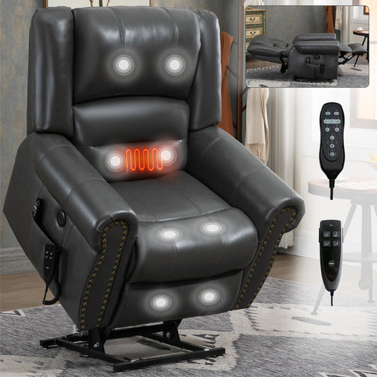 Power Lift Recliner Chair Heat Massage Dual Motor Infinite Position Up to 350 LBS, Faux Leather, Heavy Duty Motion Mechanism with USB Ports, Grey