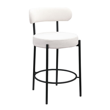 Woker Furniture Modern Counter Height Stools Set of 2, Uphsoltered 26" Seat Height Barstools with Black Metal Legs Round Low Back Kitchen Stools with Footrest for Dining Room, White