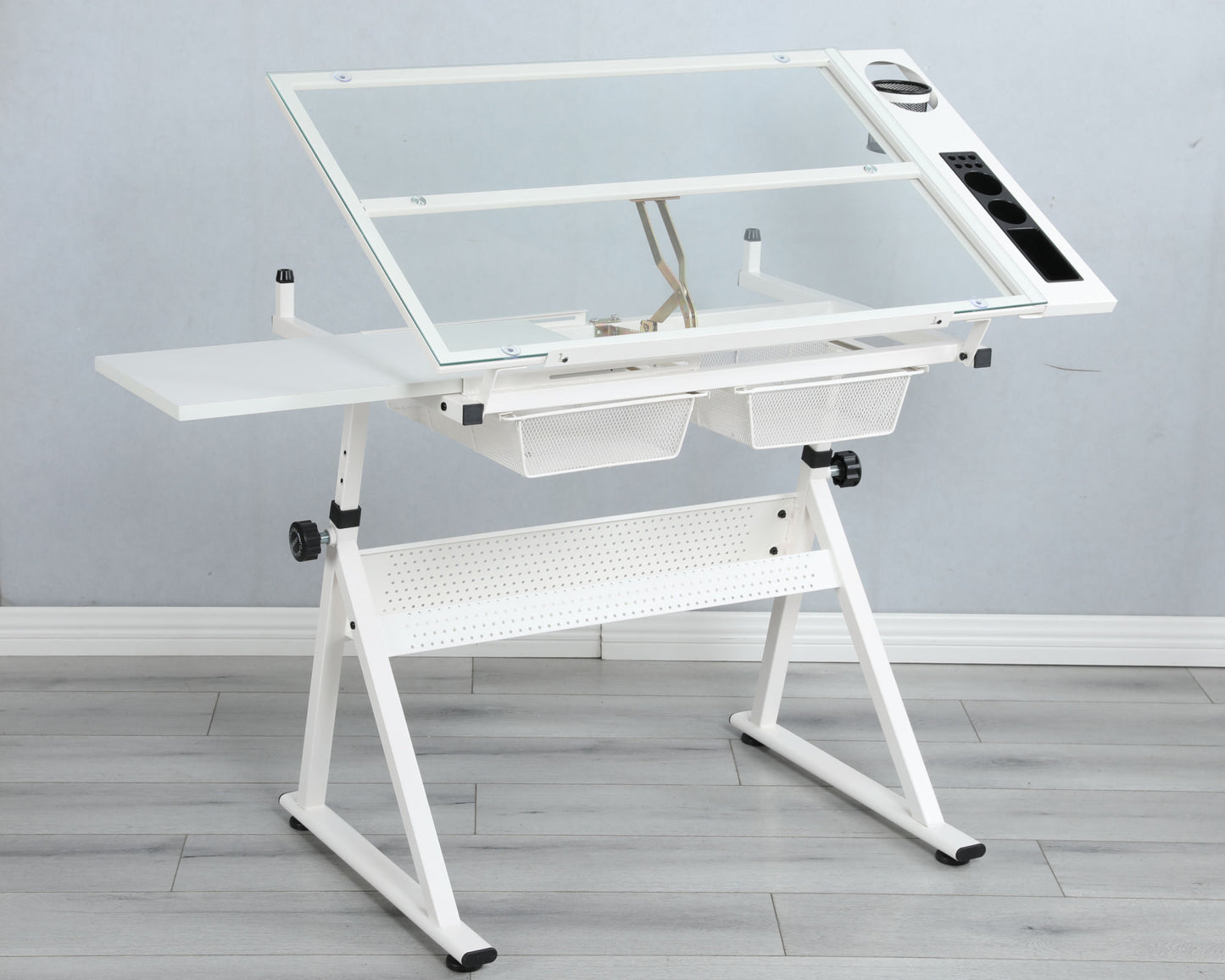 WHITE adjustable tempered glass drafting printing table with chair