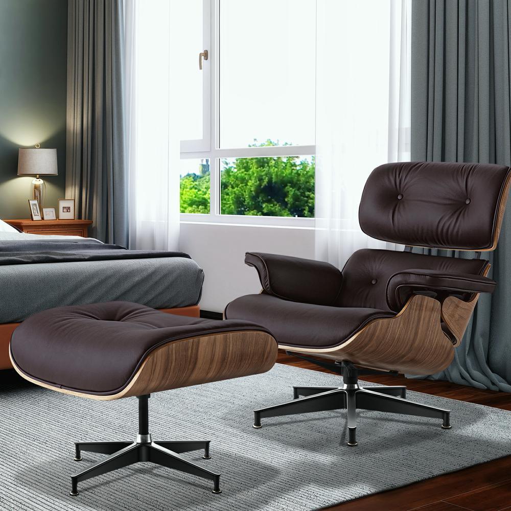 Living Room Standard Size Lounge Chair Armchair With Ottoman Genuine Leather Swivel Chair