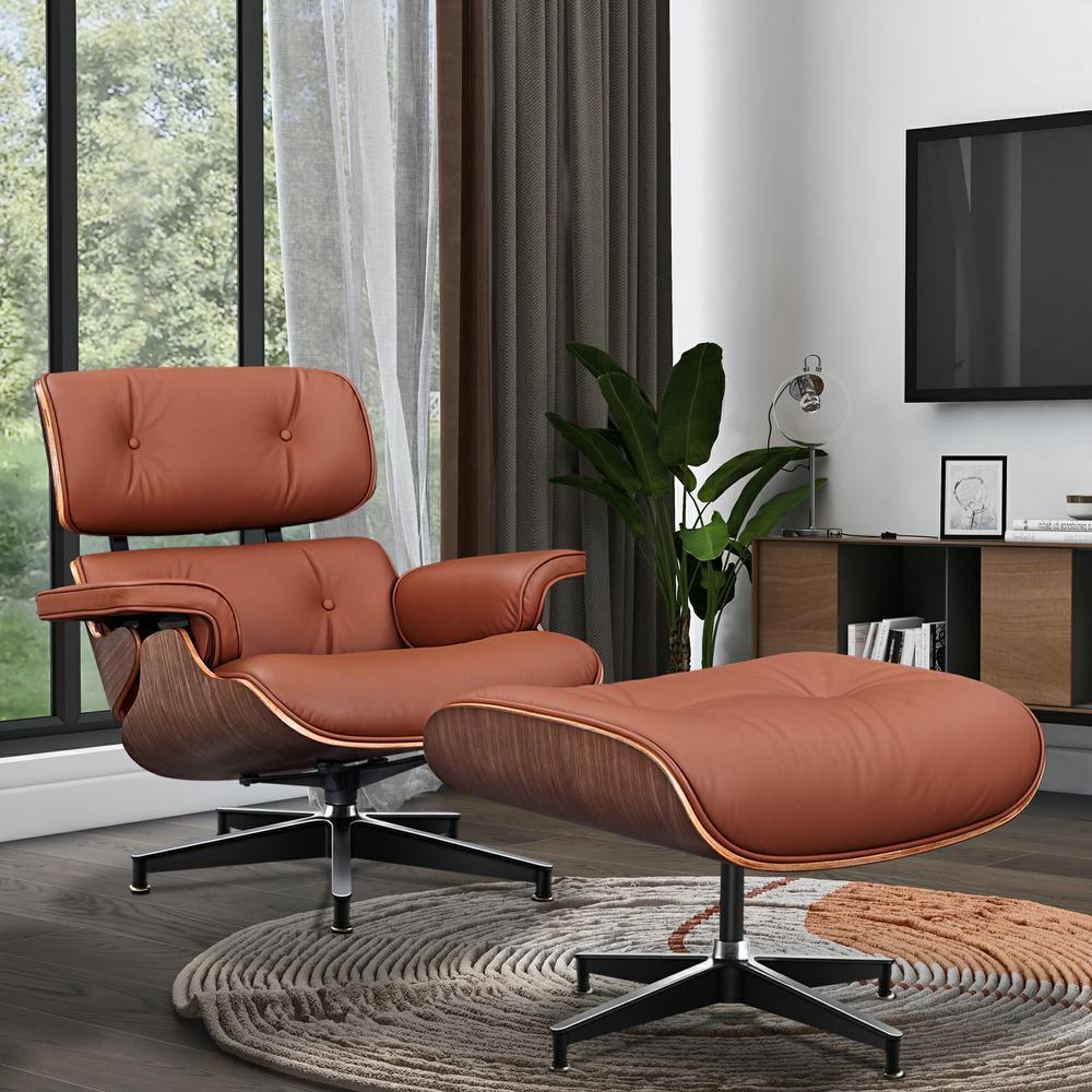 Living Room Standard Size Lounge Chair Armchair With Ottoman Genuine Leather Swivel Chair