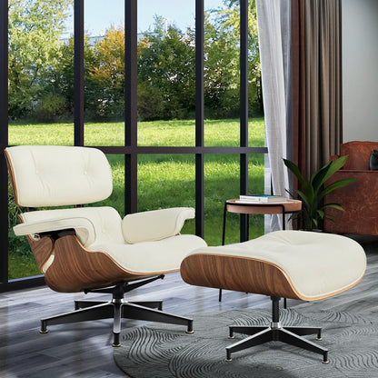 Living Room Standard Size Lounge Chair Armchair With Ottoman Genuine Leather Swivel Chair