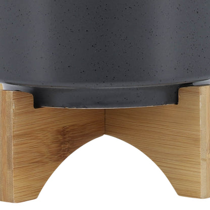 8" PLANTER W/ WOOD STAND, MATTE GRAY