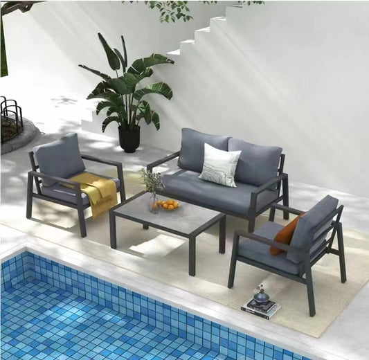 4-piece Aluminum Outdoor Patio Conversation Set,All-Weather Sectional Sofa Outside Furniture with Removable Cushions and Tempered Glass Coffee Table for Courtyard,Poolside,Deck,Balcony