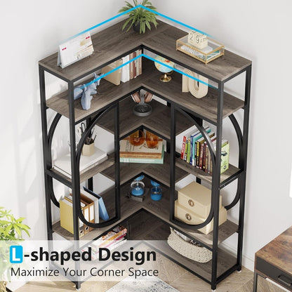 Corner Bookshelf of 7-Shelf, Tall L-shaped Stand Display Rack with Storage, Metal Frame, Easy Assembly, Book Shelves