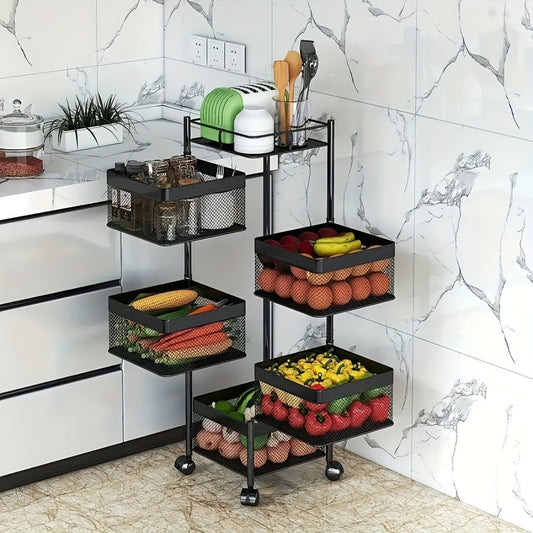 Rotating Kitchen Storage Shelf 5 Tier, Metal Fruit Vegetable Storage Basket Multi-Layer Vegetable Rack Storage Trolley on Wheels, Floor-Standing Basket for Kitchen Bathroom, Square