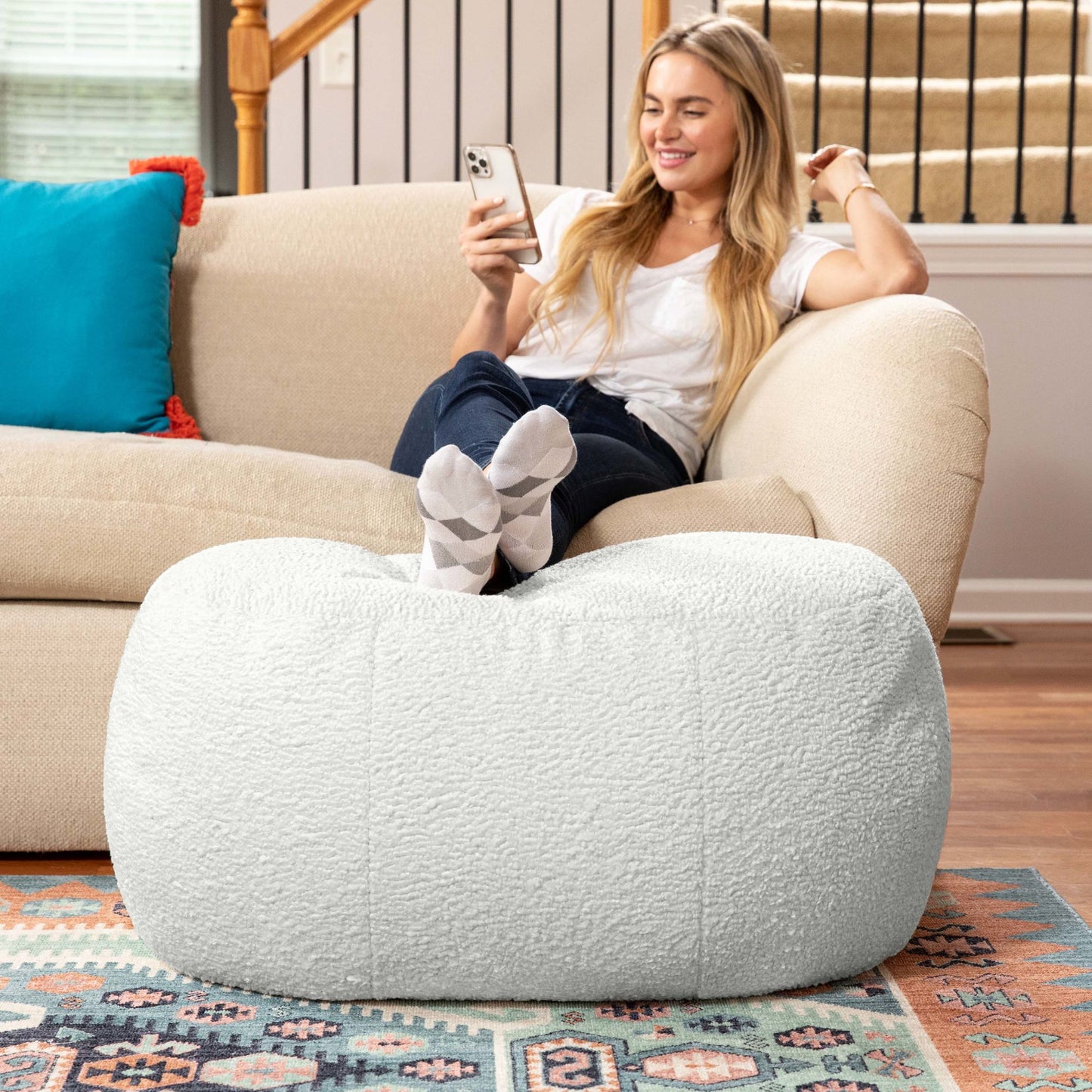 Jaxx Ellis Ottoman Shearling Faux-Lamb Plush Pouf for Modern Interior Design, Oval, Cloud