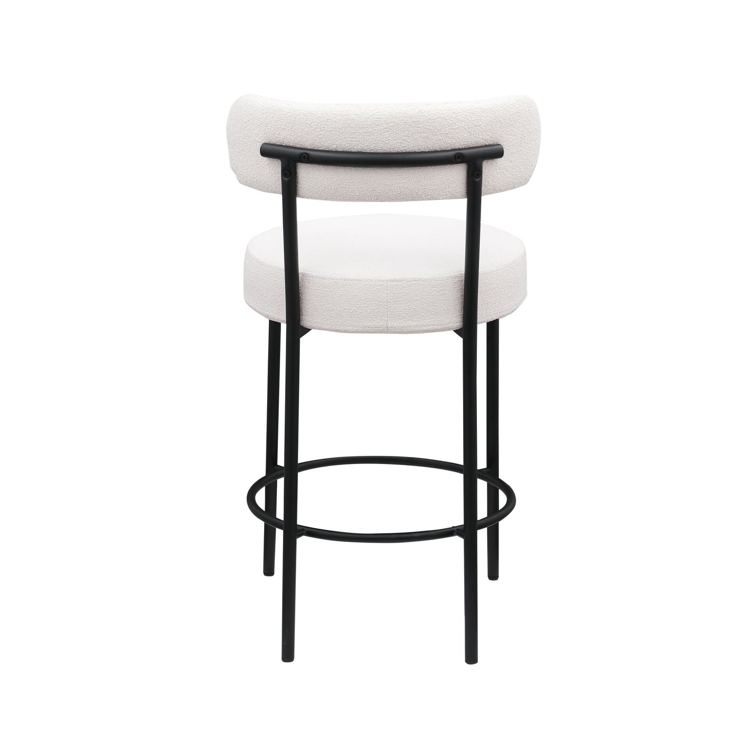 Woker Furniture Modern Counter Height Stools Set of 2, Uphsoltered 26" Seat Height Barstools with Black Metal Legs Round Low Back Kitchen Stools with Footrest for Dining Room, White