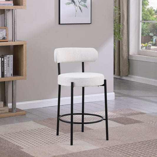 Woker Furniture Modern Counter Height Stools Set of 2, Uphsoltered 26" Seat Height Barstools with Black Metal Legs Round Low Back Kitchen Stools with Footrest for Dining Room, White