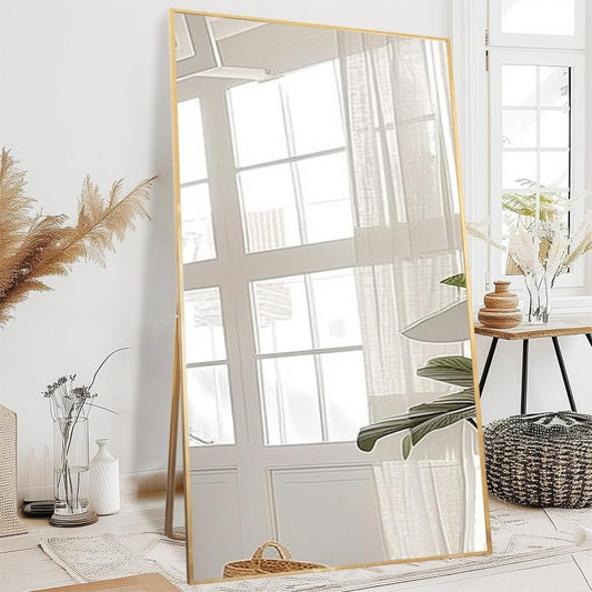 LFT HUIMEI2Y Full Length Mirror, 76"x34" Gold Oversized Tempered Floor Mirrors with Stand, Full Body Dressing Mirror Hanging