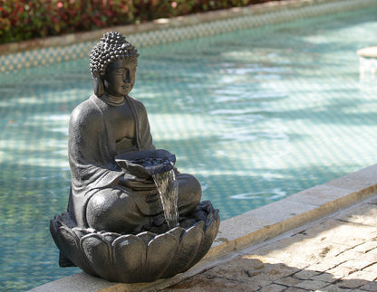 Dark Gray Buddha Statue Water Fountain, Indoor Outdoor Polyresin Fountain with Light