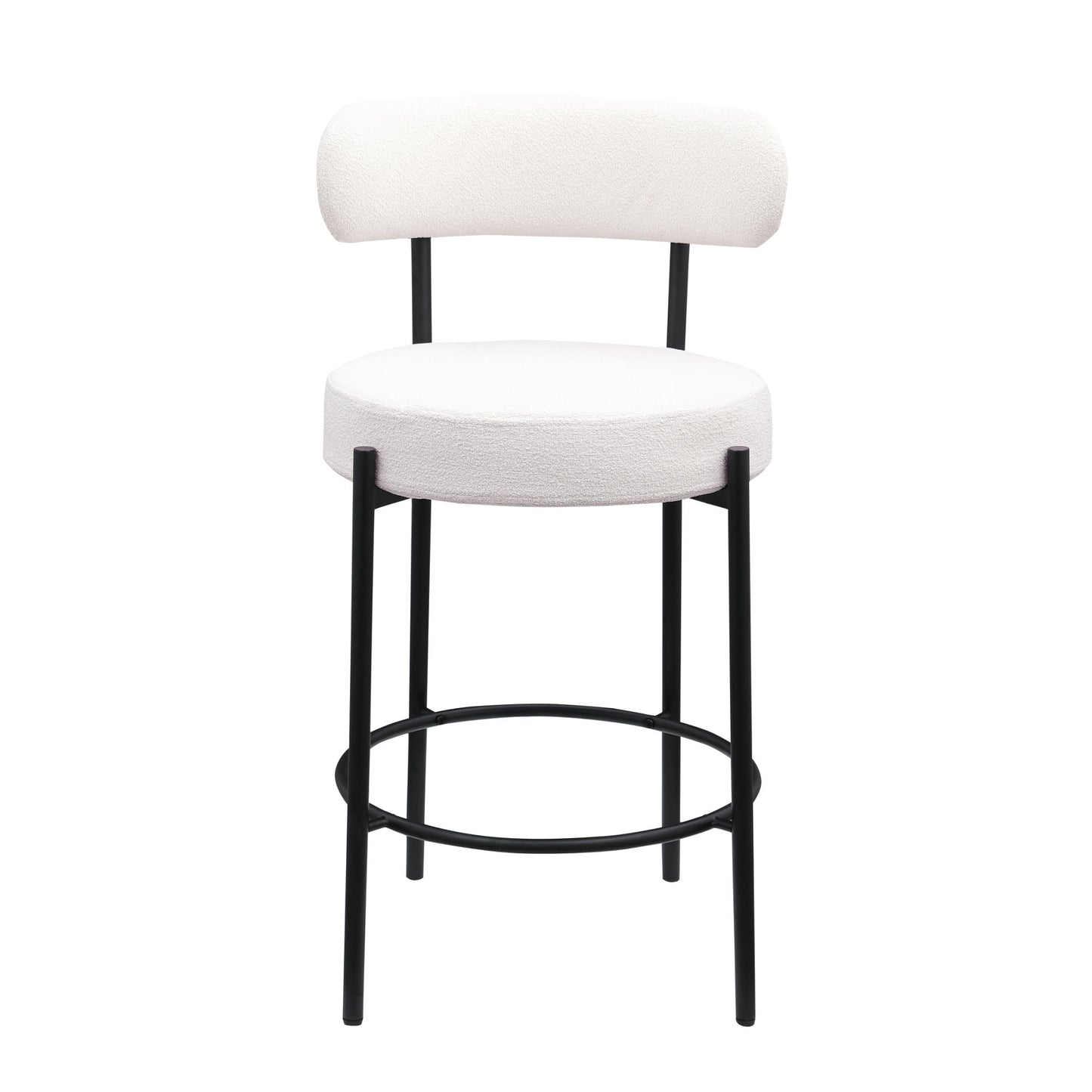 Woker Furniture Modern Counter Height Stools Set of 2, Uphsoltered 26" Seat Height Barstools with Black Metal Legs Round Low Back Kitchen Stools with Footrest for Dining Room, White