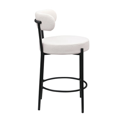 Woker Furniture Modern Counter Height Stools Set of 2, Uphsoltered 26" Seat Height Barstools with Black Metal Legs Round Low Back Kitchen Stools with Footrest for Dining Room, White