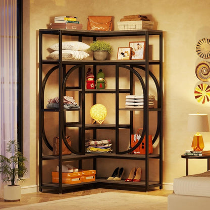 Corner Bookshelf of 7-Shelf, Tall L-shaped Stand Display Rack with Storage, Metal Frame, Easy Assembly, Book Shelves