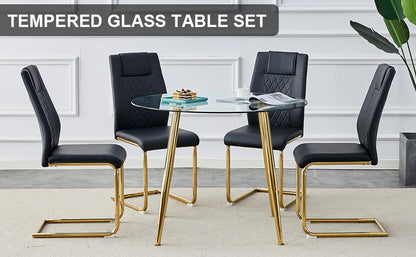 Table and chair set. Round dining table, glass tabletop with a diameter of 40 inches, and gold-plated metal legs, paired with 4 black PU cushions and a dining chair with gold-plated metal feet.