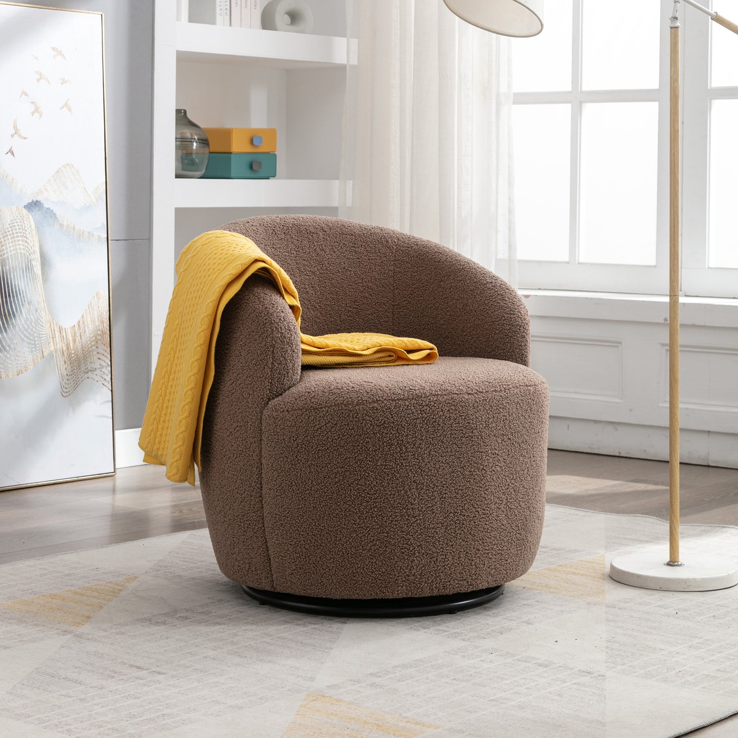 fabric swivel accent armchair barrel chair with black powder coating metal ring