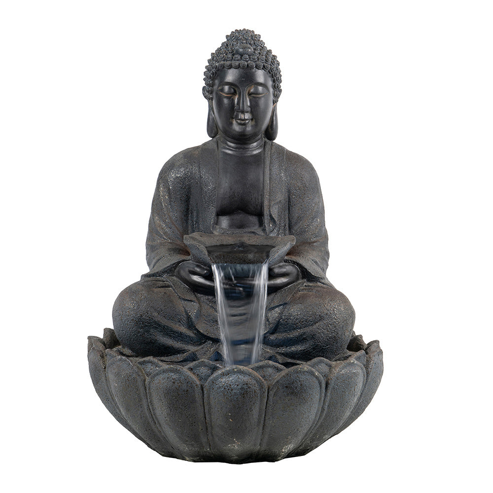 Dark Gray Buddha Statue Water Fountain, Indoor Outdoor Polyresin Fountain with Light