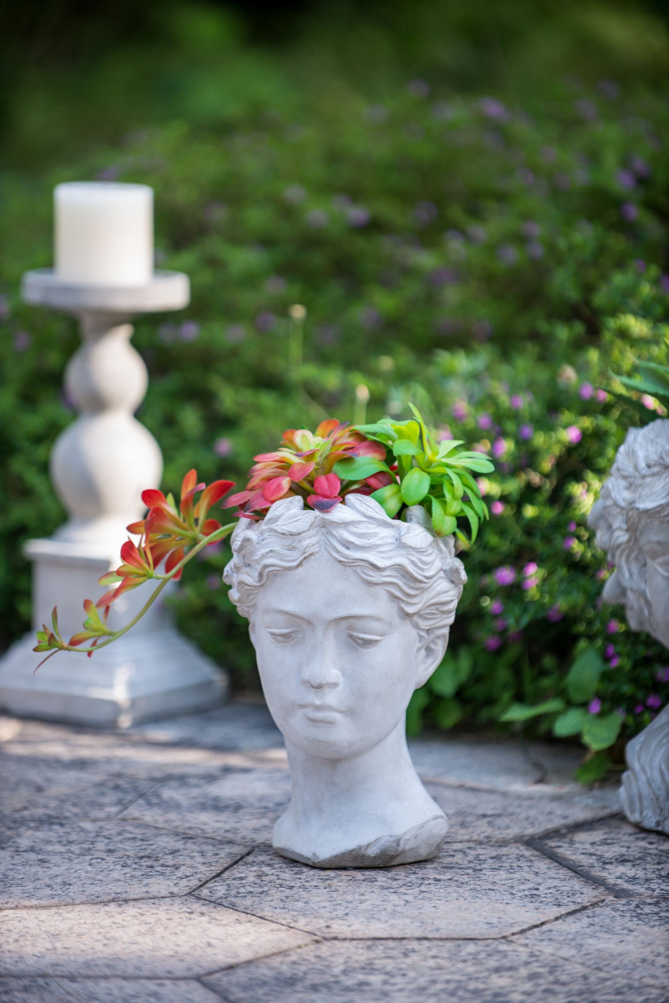 Greek Style Cement Head Planter - Indoor Outdoor Home Garden Decor